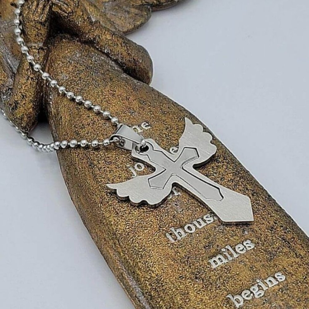 Angel Wing Cross Pendant Silver Tone